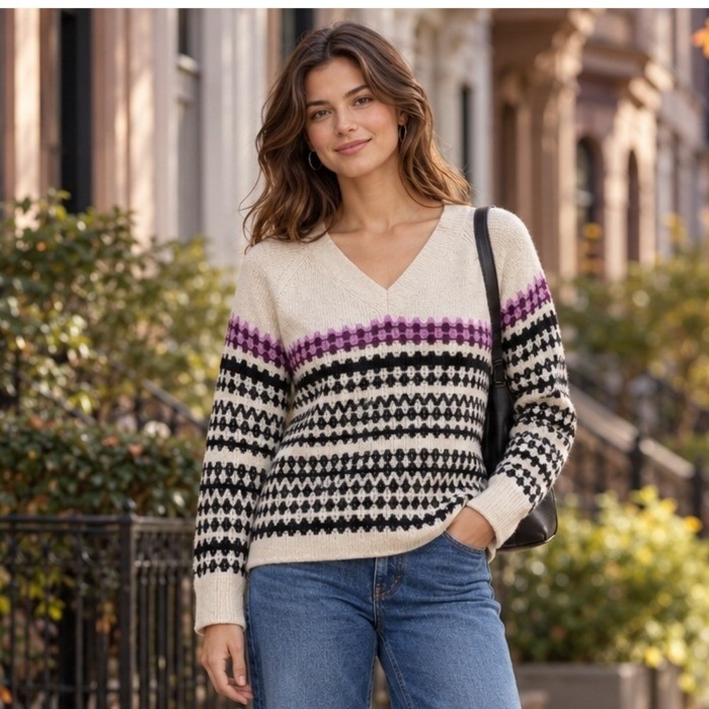 NIC+ZOE Cashmere Blend W V-Neck Sweater M Geometric Pattern Stripe black white